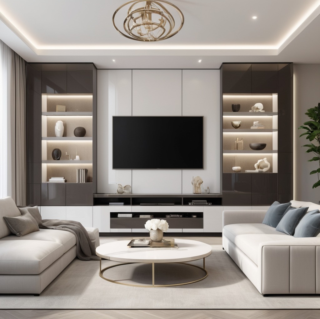 Nowoczesny salon z zabudową meblową: biało-szare szafki z podświetlanymi półkami po bokach telewizora, okrągły stolik kawowy z bukietem białych kwiatów, dwie białe sofy z szarymi poduszkami...