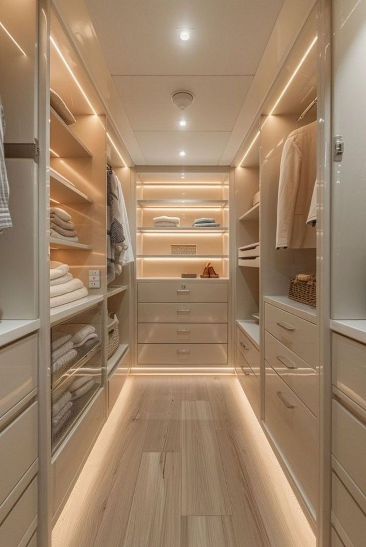 Wnętrze garderoby z jasnymi szafami, szufladami i półkami, oświetlonymi taśmami LED, na drewnianej podłodze.