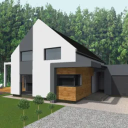 Wizualizacja nowoczesnego domu jednorodzinnego z garażem, z elewacją w kolorach bieli, szarości i drewna, otoczonego zielenią i małym oczkiem wodnym.