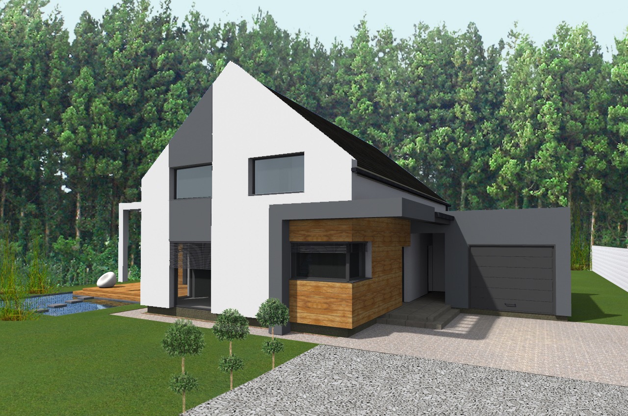 Wizualizacja nowoczesnego domu jednorodzinnego z garażem, z elewacją w kolorach bieli, szarości i drewna, otoczonego zielenią i małym oczkiem wodnym.