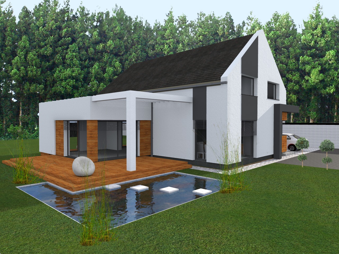 Wizualizacja nowoczesnego domu jednorodzinnego z płaskim dachem, drewnianym tarasem z leżanką i oczkiem wodnym z białymi płytami, na tle lasu.