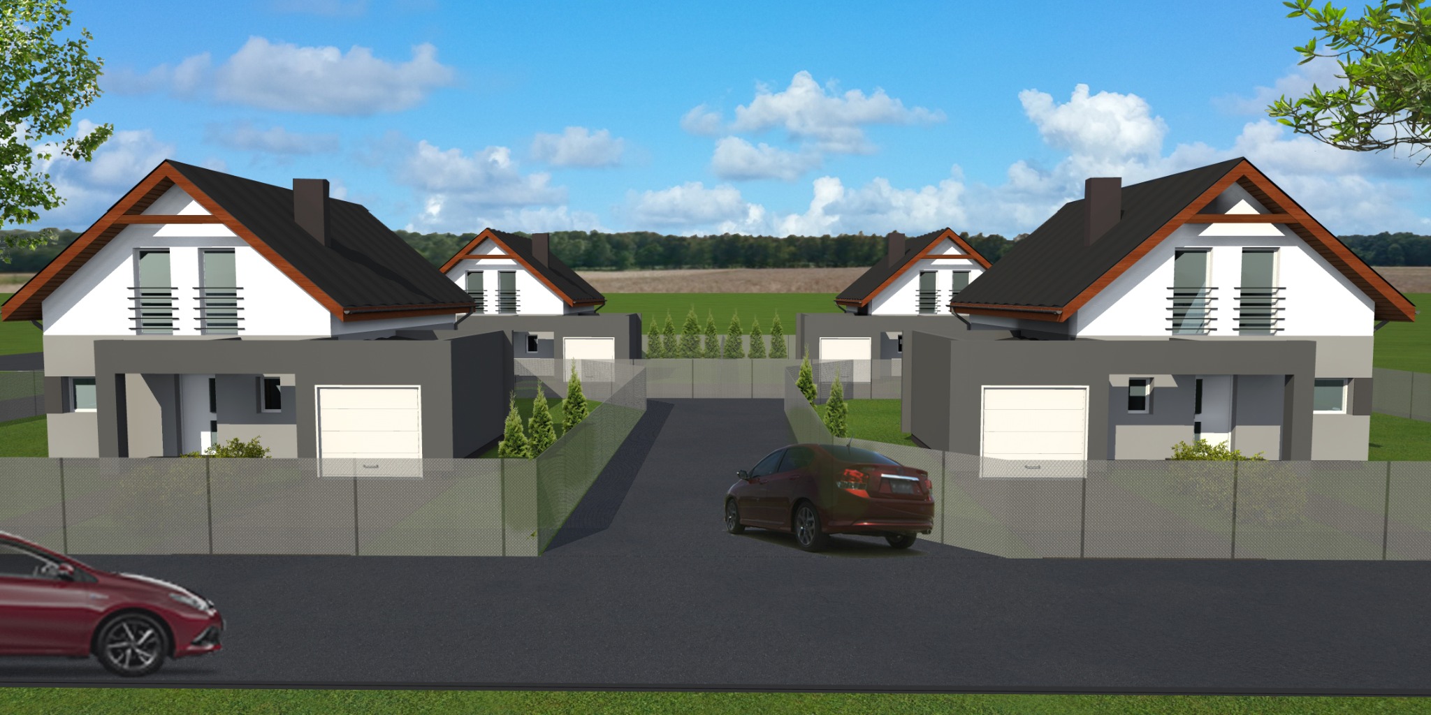 Wizualizacja osiedla domów jednorodzinnych z garażami w Rajsku, z widocznymi samochodami na podjazdach i ogrodzeniem z siatki.