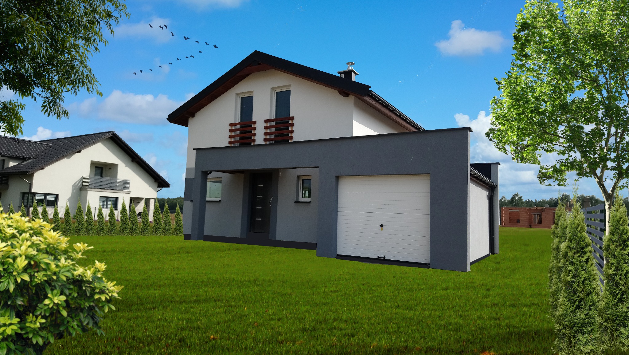 Nowoczesny dom jednorodzinny z szarą dobudówką garażową i drewnianymi balustradami balkonów, otoczony zielonym trawnikiem i tujami, z widocznym w tle budynkiem w trakcie budowy.