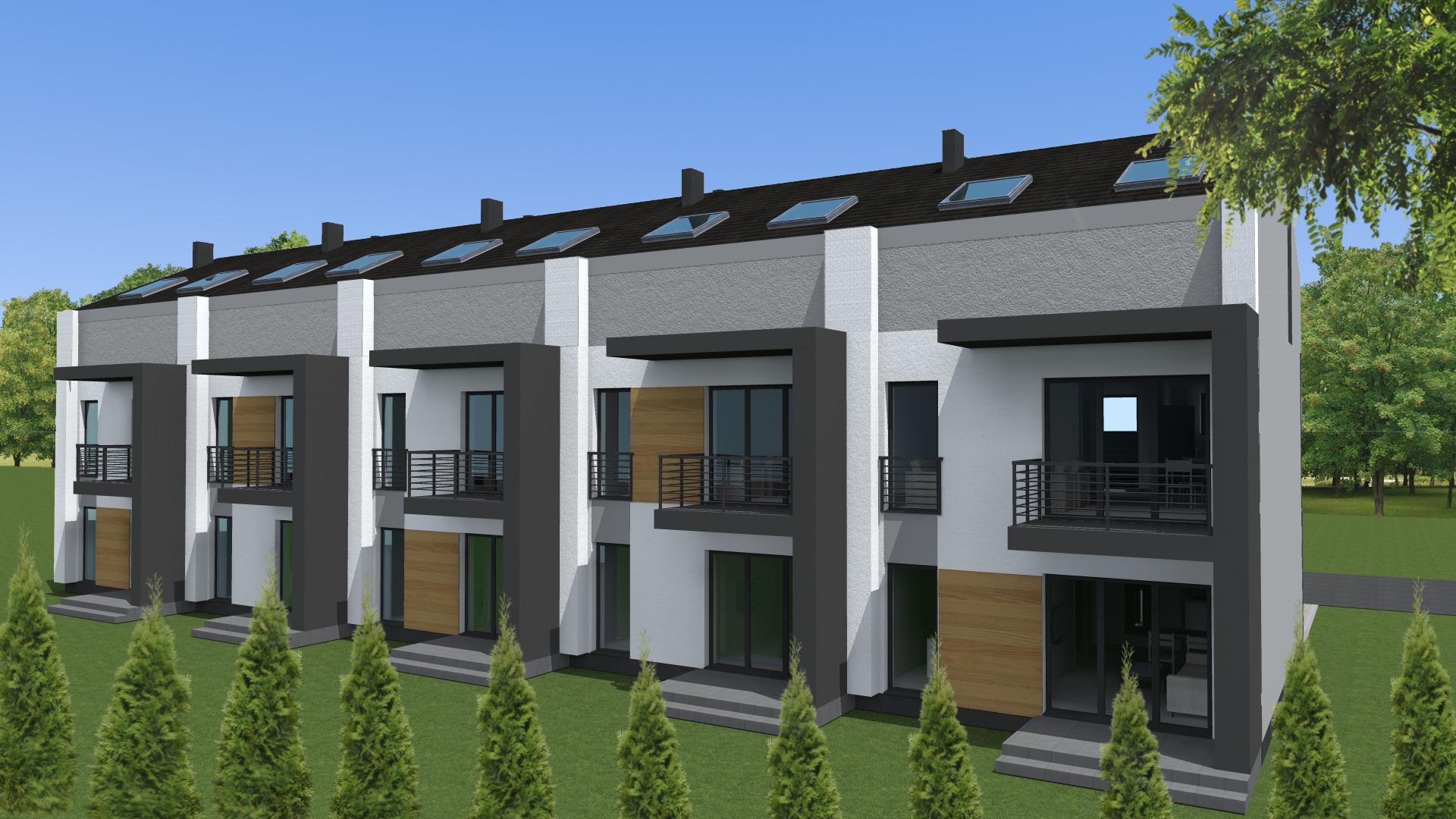 Wizualizacja szeregu nowoczesnych domów z balkonami, wykończonych w bieli i szarości, z oknami dachowymi i drewnianymi akcentami, otoczonych zielonym trawnikiem i drzewami.