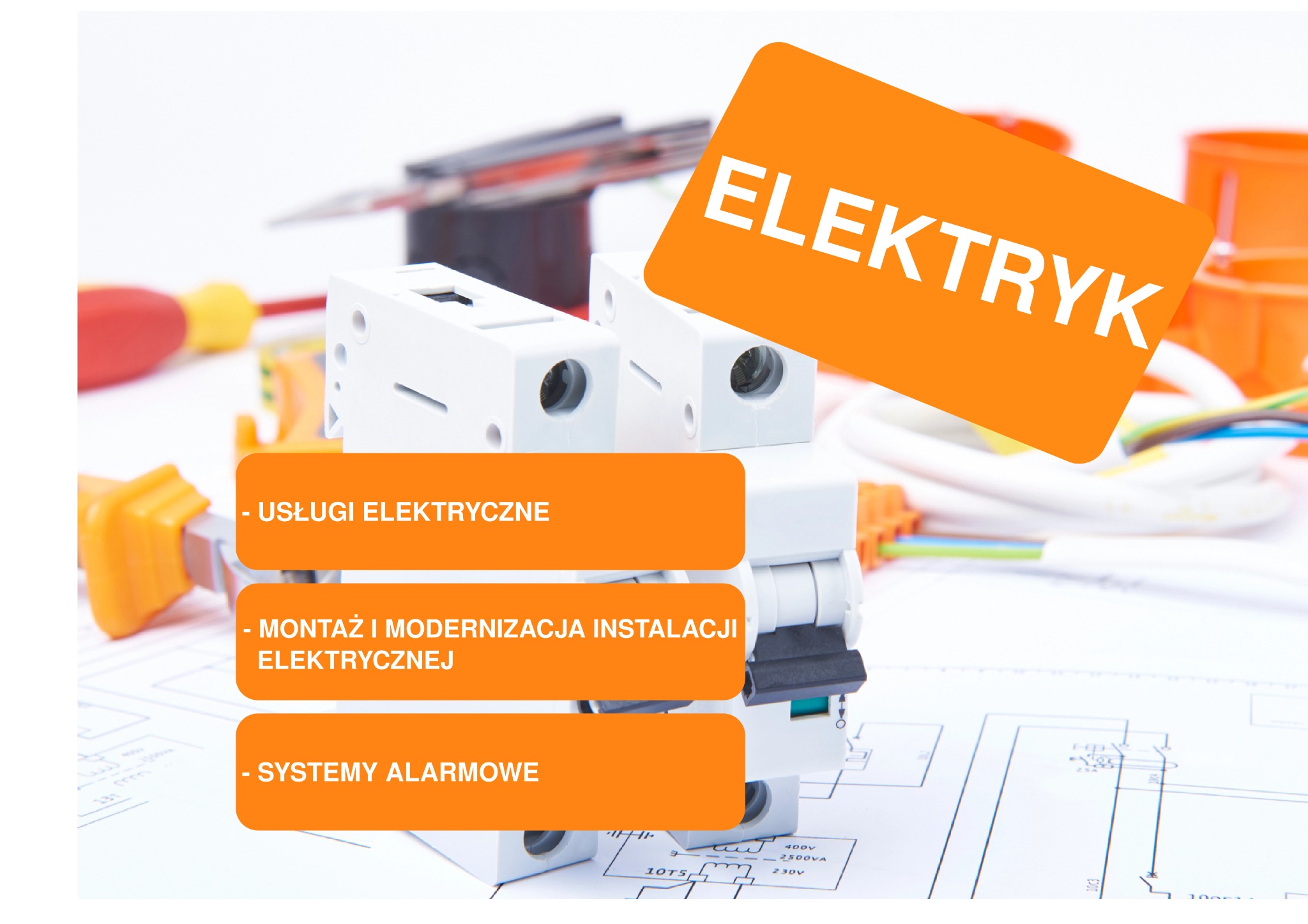 Schemat instalacji elektrycznej z wyłącznikiem nadprądowym, narzędziami i napisem ELEKTRYK na pomarańczowym tle.