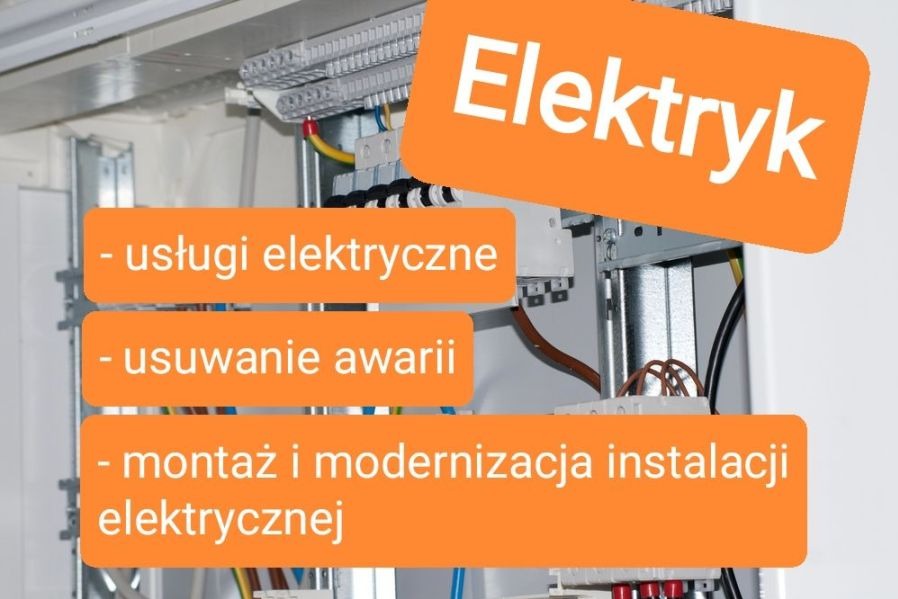 Tablica rozdzielcza z przewodami elektrycznymi i pomarańczowymi nakładkami z tekstem: Elektryk, usługi elektryczne, usuwanie awarii, montaż i modernizacja instalacji elektrycznej.