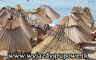 Widok na plażę z rzędami parasoli z trzciny, w tle błękitne morze i fragmenty sylwetek ludzi.