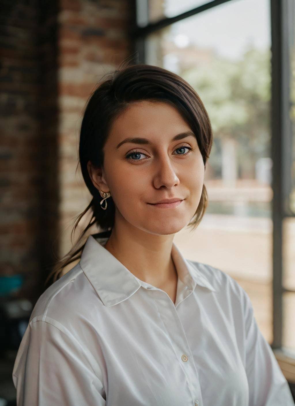 Portret uśmiechniętej kobiety z niebieskimi oczami w białej koszuli na tle okna i ceglanej ściany. Delikatne kolczyki dodają subtelności.