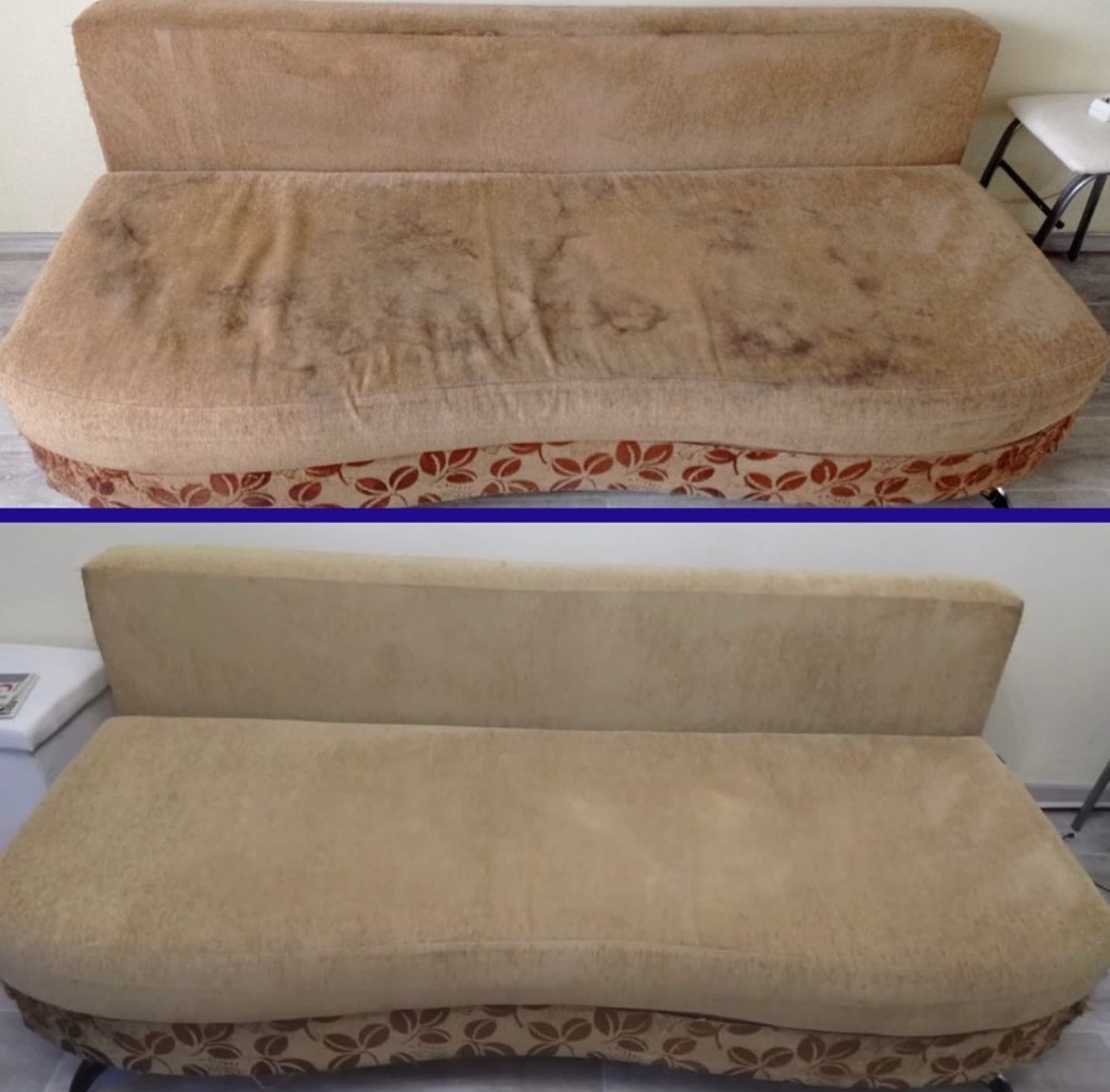Beżowa kanapa z tapicerką w kwiaty: widok przed i po praniu, z wyraźną różnicą w czystości i odświeżonym kolorze.