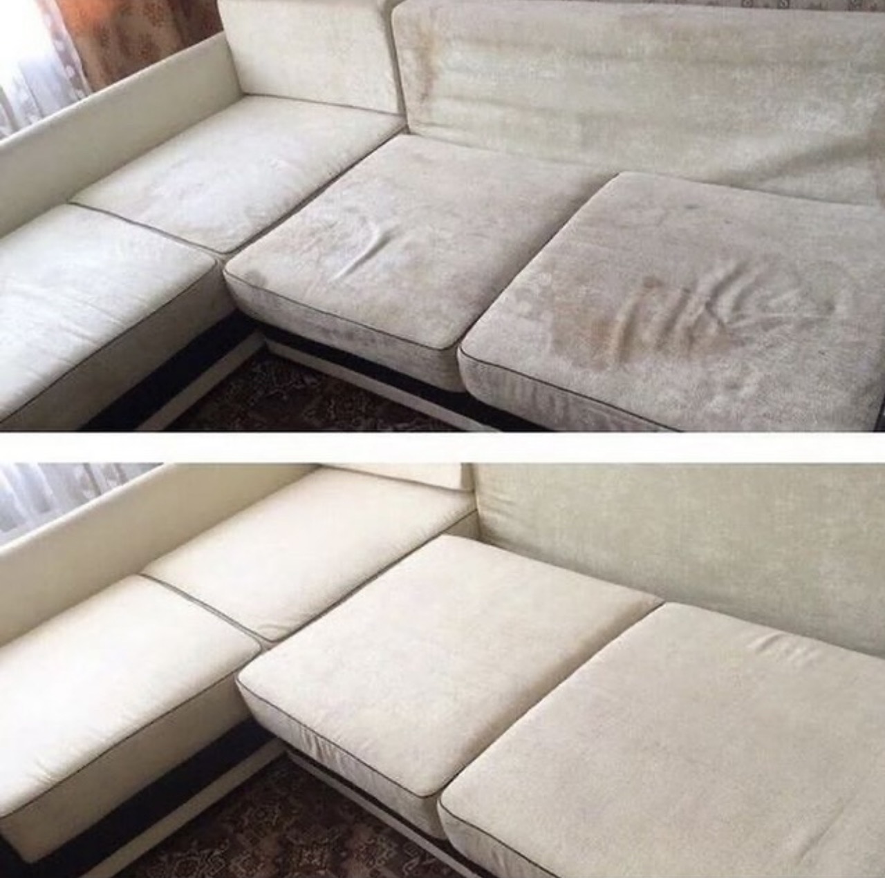 Dwuetapowe ujęcie narożnika: widoczne plamy i zabrudzenia przed czyszczeniem, a następnie odświeżona, jasna tapicerka po usunięciu zanieczyszczeń.