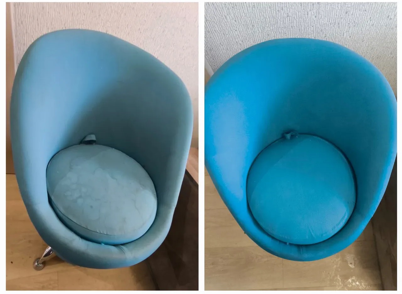 Porównanie fotela tapicerowanego na dwóch ujęciach: po lewej stronie fotel z widocznymi plamami na siedzisku przed czyszczeniem, po prawej stronie fotel po procesie czyszczenia, prezentujący...