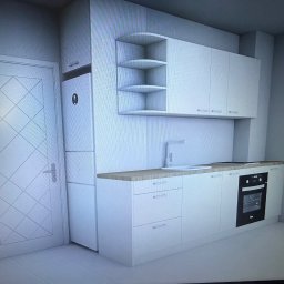 MARIUSZ LEWKIEWICZ - Nowoczesna, biała kuchnia z drewnianym blatem, minimalistycznym designem i oświetleniem LED. Widoczna zabudowa z piekarnikiem i lodówką obok drzwi.