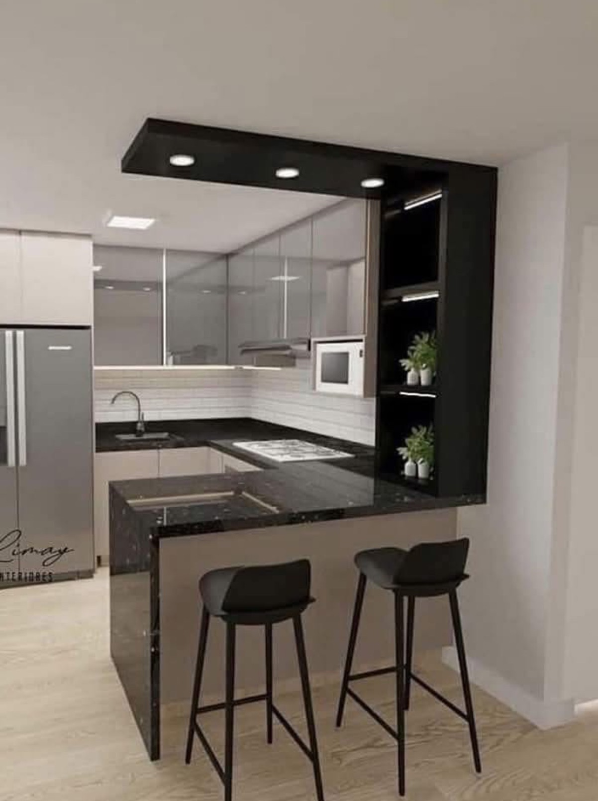 Nowoczesna kuchnia z wyspą i czarnym blatem. Minimalistyczny design, szare szafki, oświetlenie punktowe. Dwie czarne hokery przy wyspie.