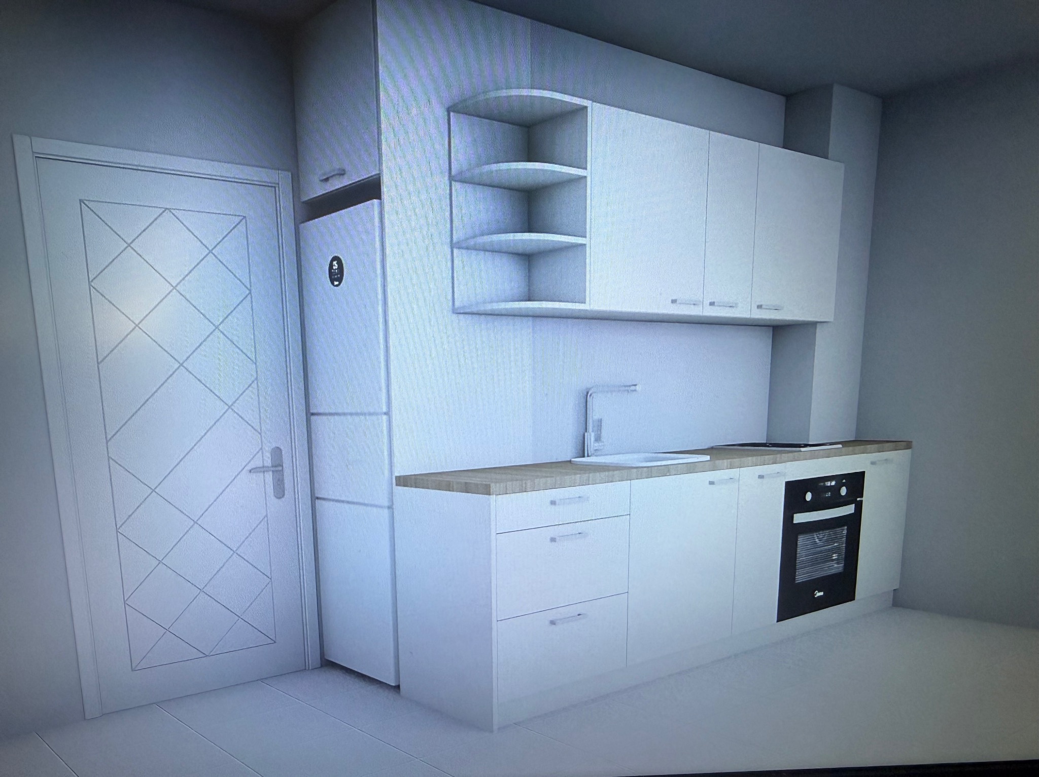 Nowoczesna, biała kuchnia z drewnianym blatem, minimalistycznym designem i oświetleniem LED. Widoczna zabudowa z piekarnikiem i lodówką obok drzwi.