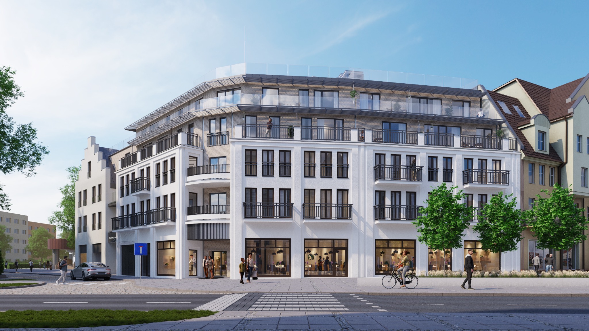 Wizualizacja nowoczesnego, wielopiętrowego budynku mieszkalno-usługowego z balkonami, zieleń przed budynkiem, przechodnie i rowerzysta na pierwszym planie.