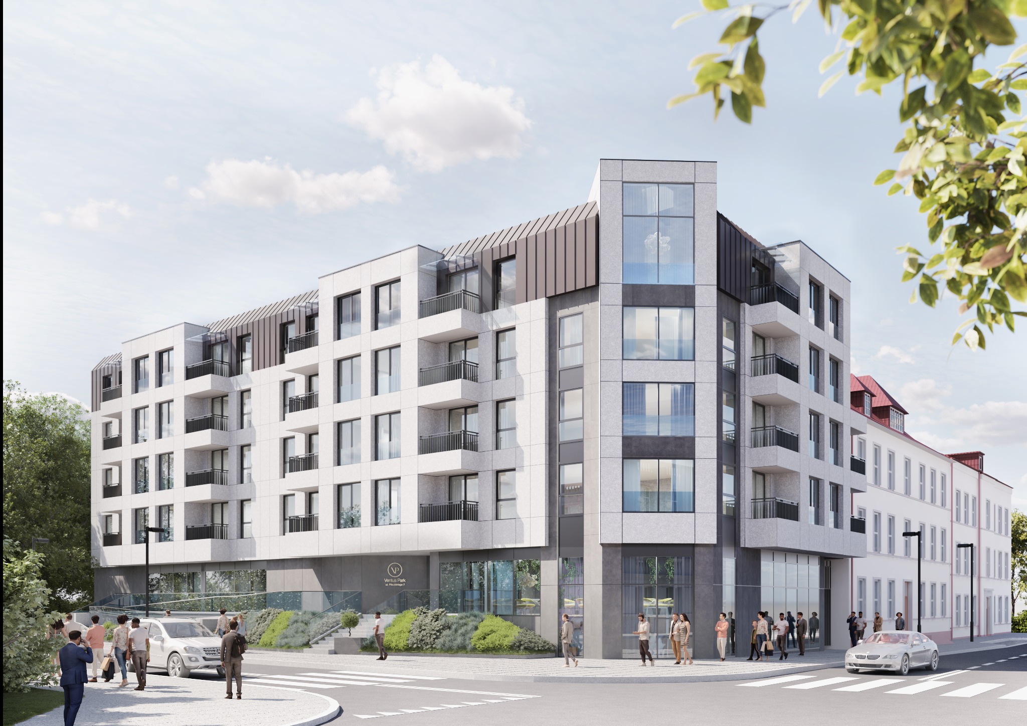 Wizualizacja nowoczesnego apartamentowca z balkonami, z elementami szarości i bieli, otoczonego zielenią i przejściem dla pieszych. Obok budynek w stylu klasycystycznym.