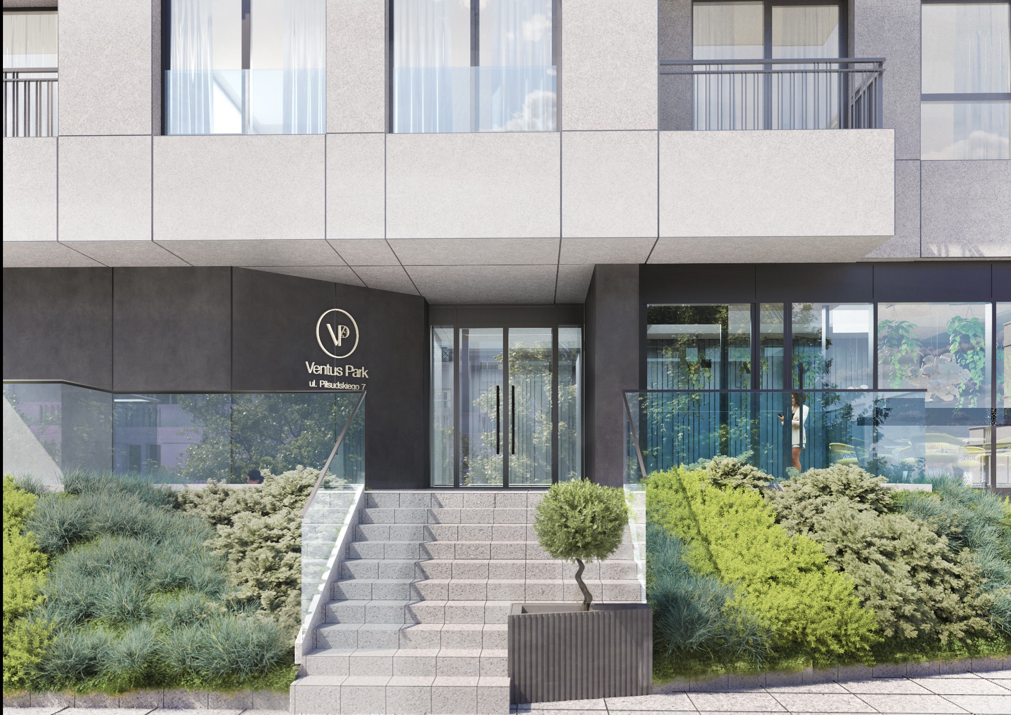 Elewacja budynku Ventus Park z wejściem, schodami, roślinnością i przeszklonymi elementami. Widoczne logo i adres na ścianie. Nowoczesna architektura.