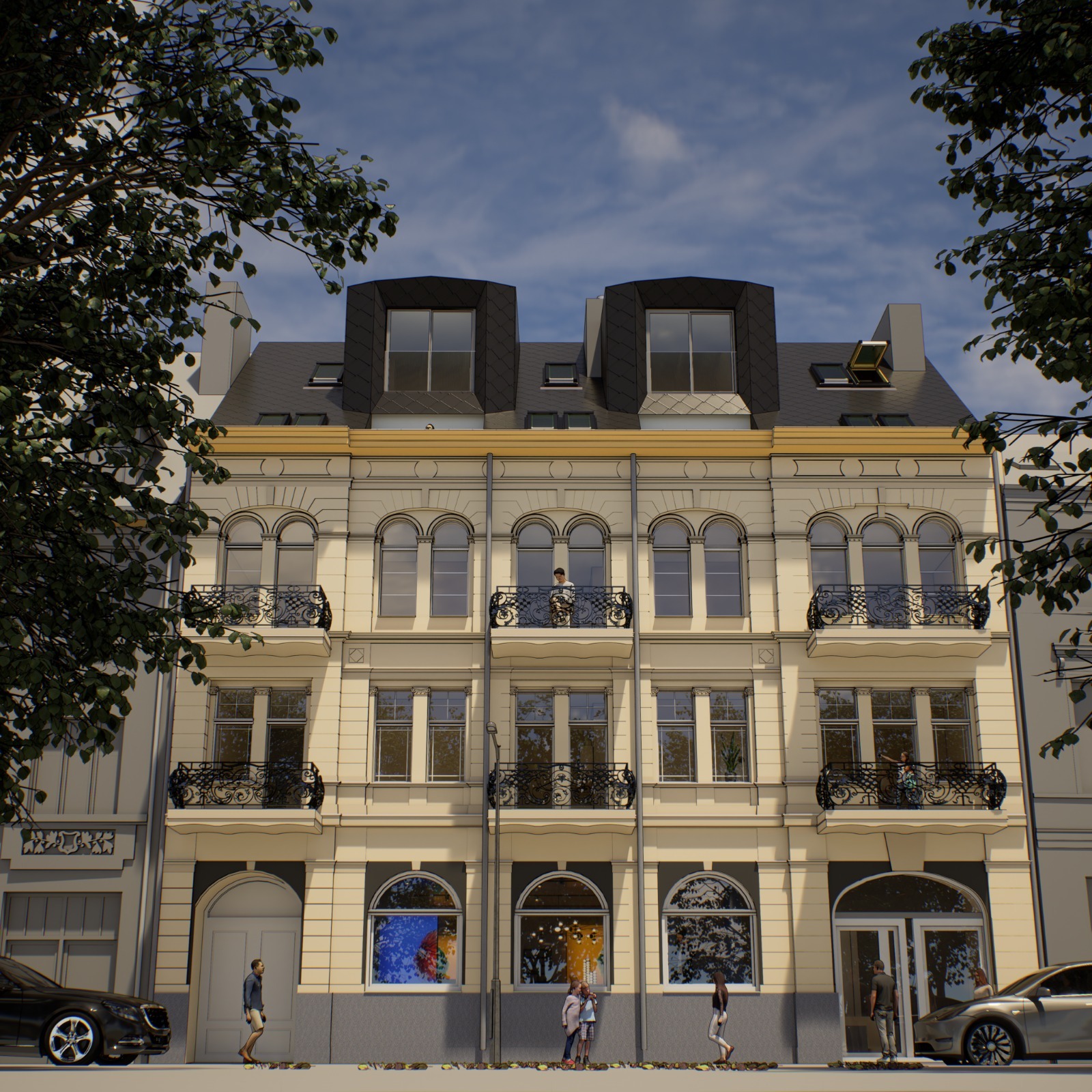 Elewacja kamienicy z balkonami i poddaszem. Osoby na balkonach i przed budynkiem. Wizualizacja architektoniczna z elementami otoczenia.