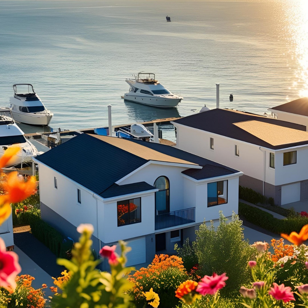 Nowoczesny dom z garażem i balkonem, widok z góry na morze i zacumowane jachty. Kwiaty w pierwszym planie, ciepłe światło zachodzącego słońca.