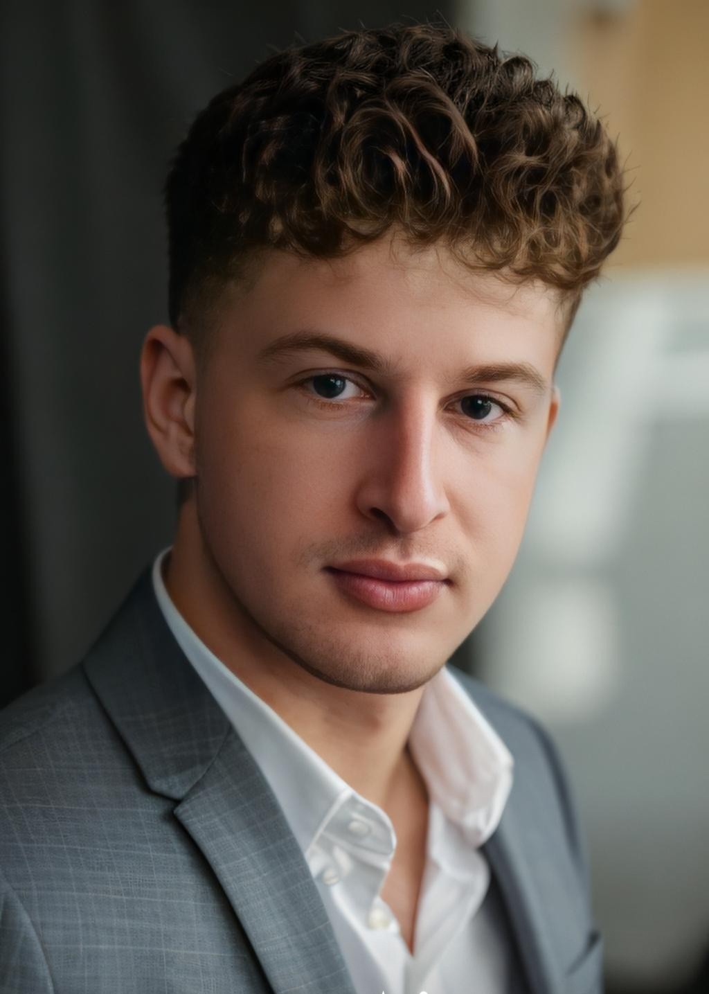 Portret młodego mężczyzny w szarej marynarce i białej koszuli, z kręconymi włosami, spoglądającego w obiektyw, na neutralnym tle.