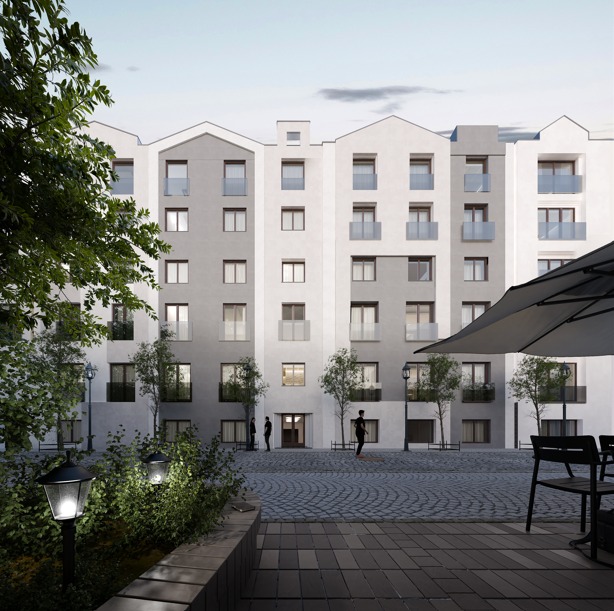 Nowoczesny budynek apartamentowy z dziedzińcem, oświetlonymi lampami i drzewami. Widoczny parasol i stoliki. Osoby w tle dodają skali.