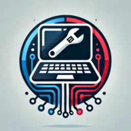 Grafika przedstawia stylizowany laptop z kluczem francuskim na ekranie, otoczony niebiesko-czerwonym okręgiem z elementami przypominającymi połączenia elektryczne.