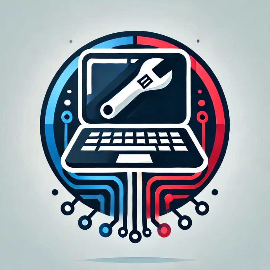 Grafika przedstawia stylizowany laptop z kluczem francuskim na ekranie, otoczony niebiesko-czerwonym okręgiem z elementami przypominającymi połączenia elektryczne.