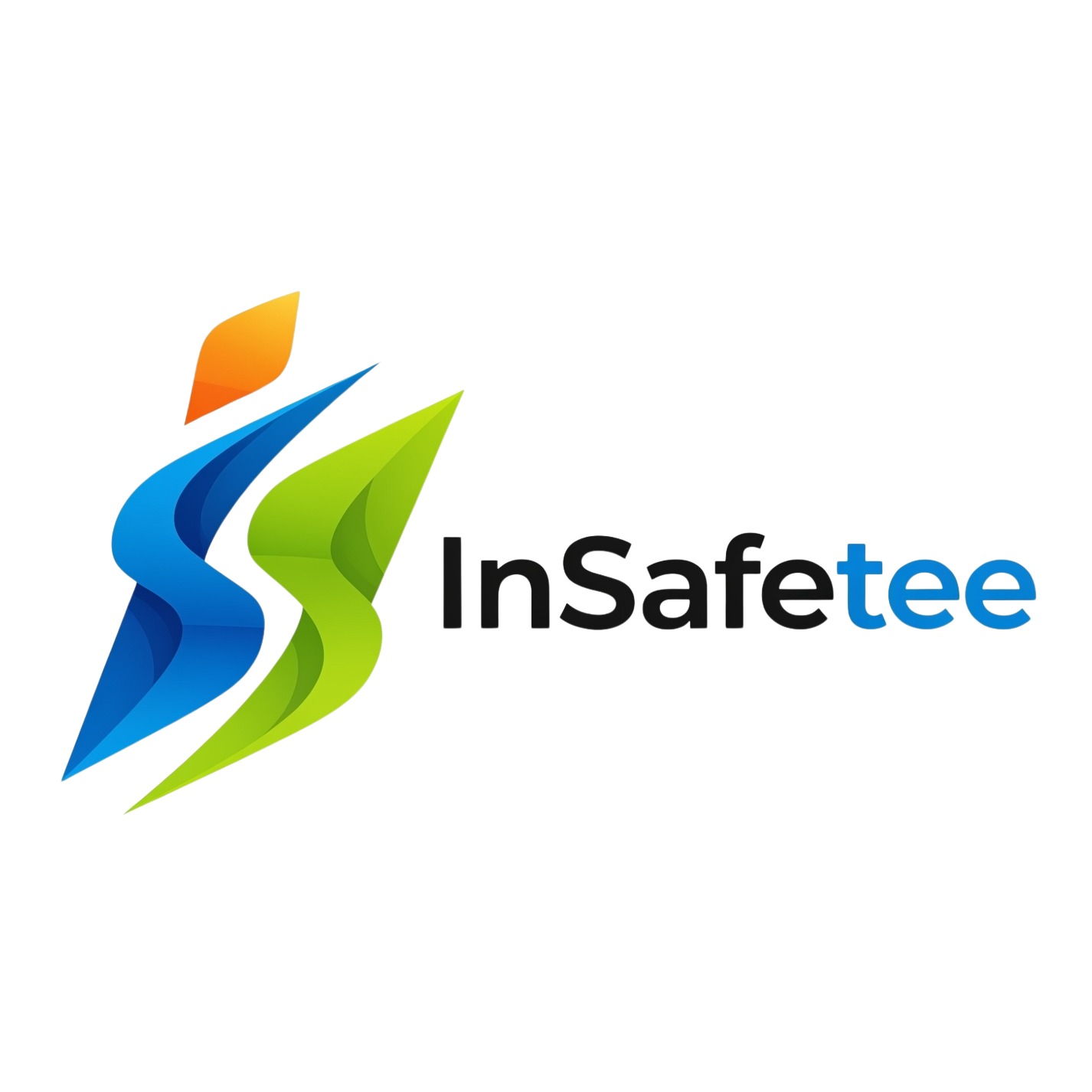 Kolorowe logo firmy InSafetee: abstrakcyjny symbol z elementami w odcieniach pomarańczy, niebieskiego i zieleni, obok nazwa firmy w kolorze czarnym i niebieskim.