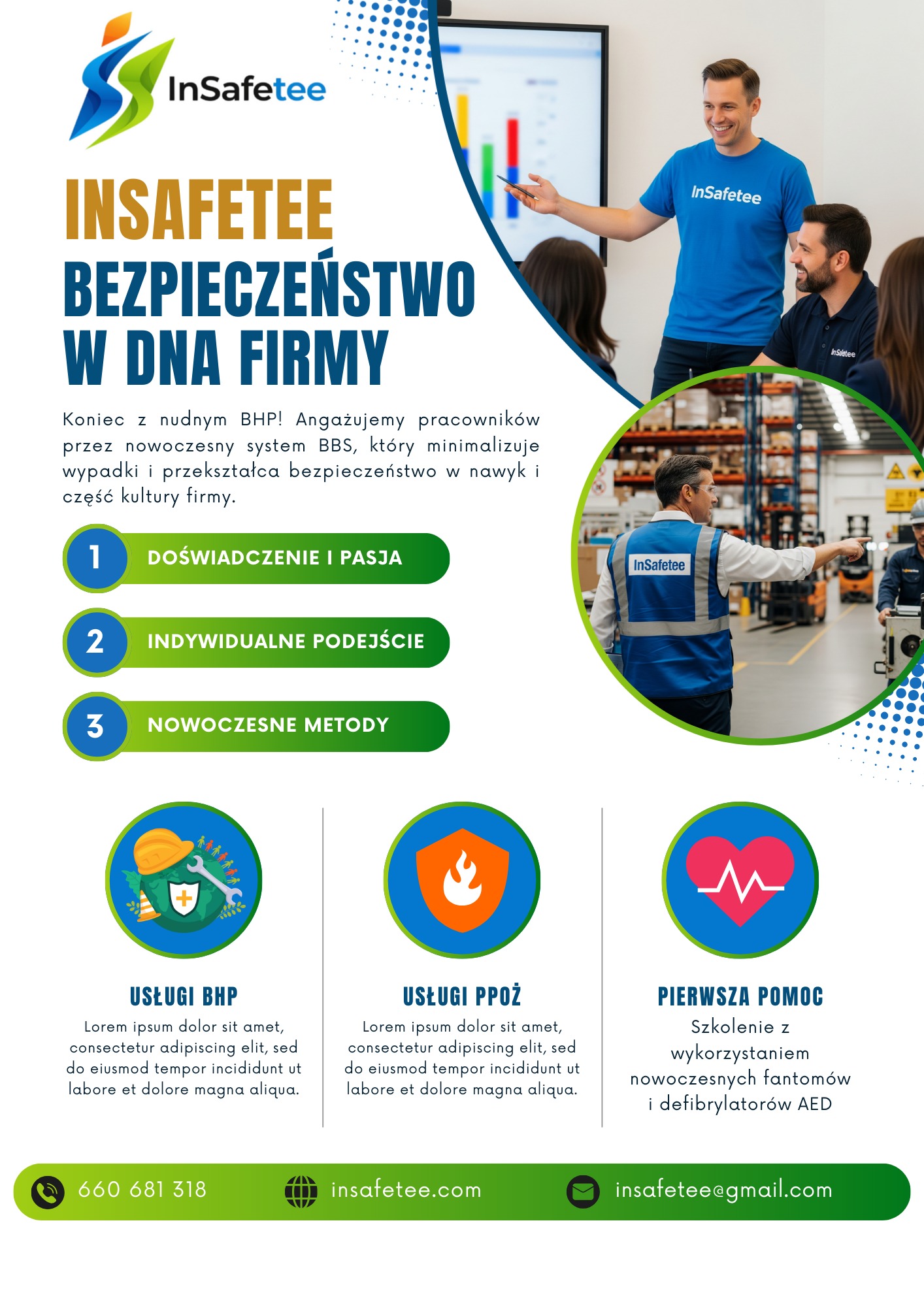 Plakat firmy InSafetee z ofertą szkoleń BHP, PPOŻ i pierwszej pomocy. Instruktor prowadzi szkolenie dla grupy osób, prezentując wykresy.