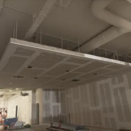 Montaż podwieszanego sufitu z płyt gipsowo-kartonowych w biurze, widoczne profile i instalacje pod sufitem, ściany w stanie surowym.