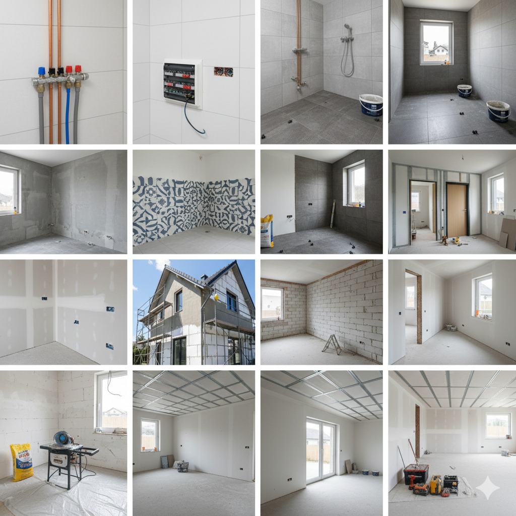 Kolaż z wnętrz w trakcie remontu: instalacje wodne, elektryczne, łazienka z prysznicem, ściany z płyt gipsowych, elewacja z rusztowaniem, sufity podwieszane.