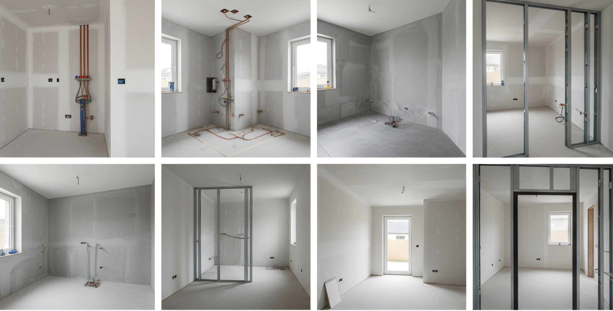 Wnętrze w trakcie remontu: instalacje, płyty gipsowe, metalowe profile. Widoczne okna i drzwi. Jasne pomieszczenie w stanie surowym, przygotowane do dalszych prac wykończeniowych.