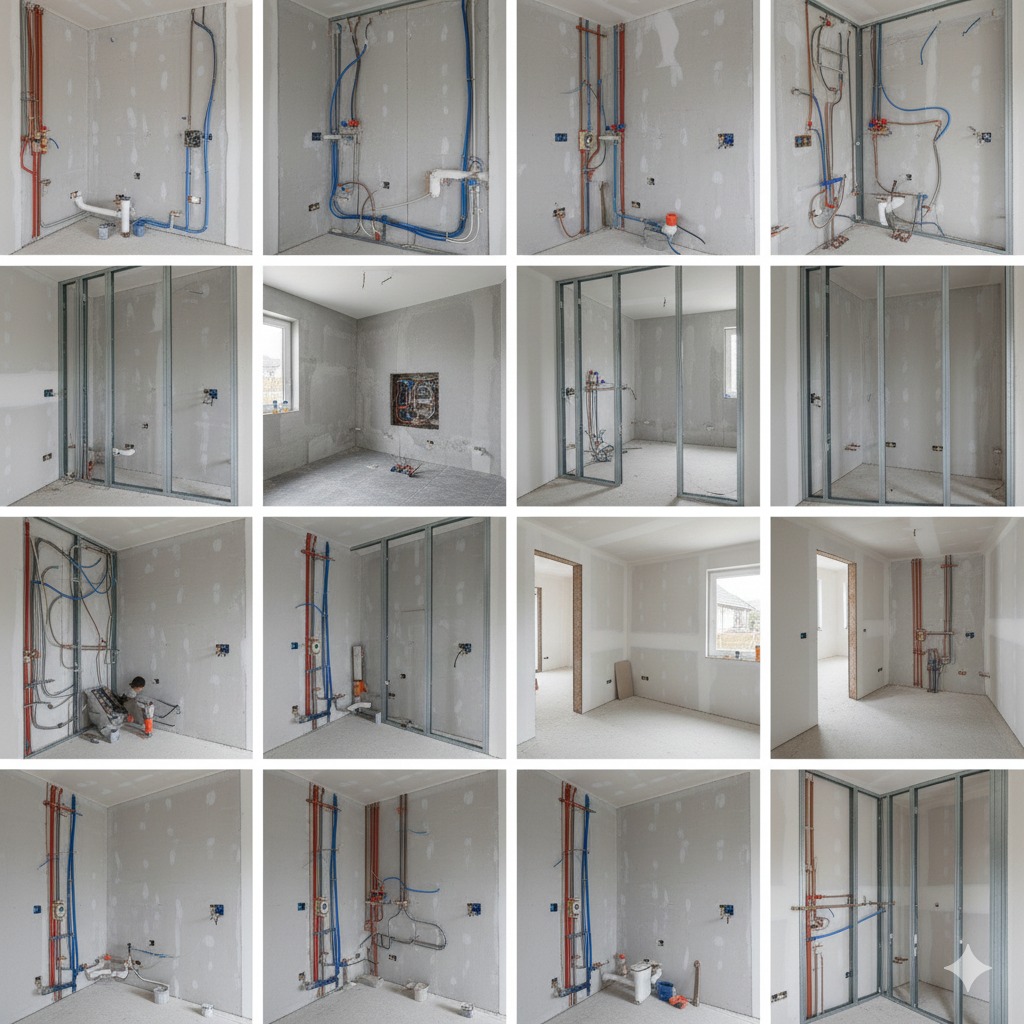 Wnętrze w trakcie prac instalacyjnych: widoczne rury wodne (czerwone i niebieskie) oraz metalowa konstrukcja ścian działowych. Ściany pokryte szpachlą, przygotowane do dalszych prac wykończeniowych.