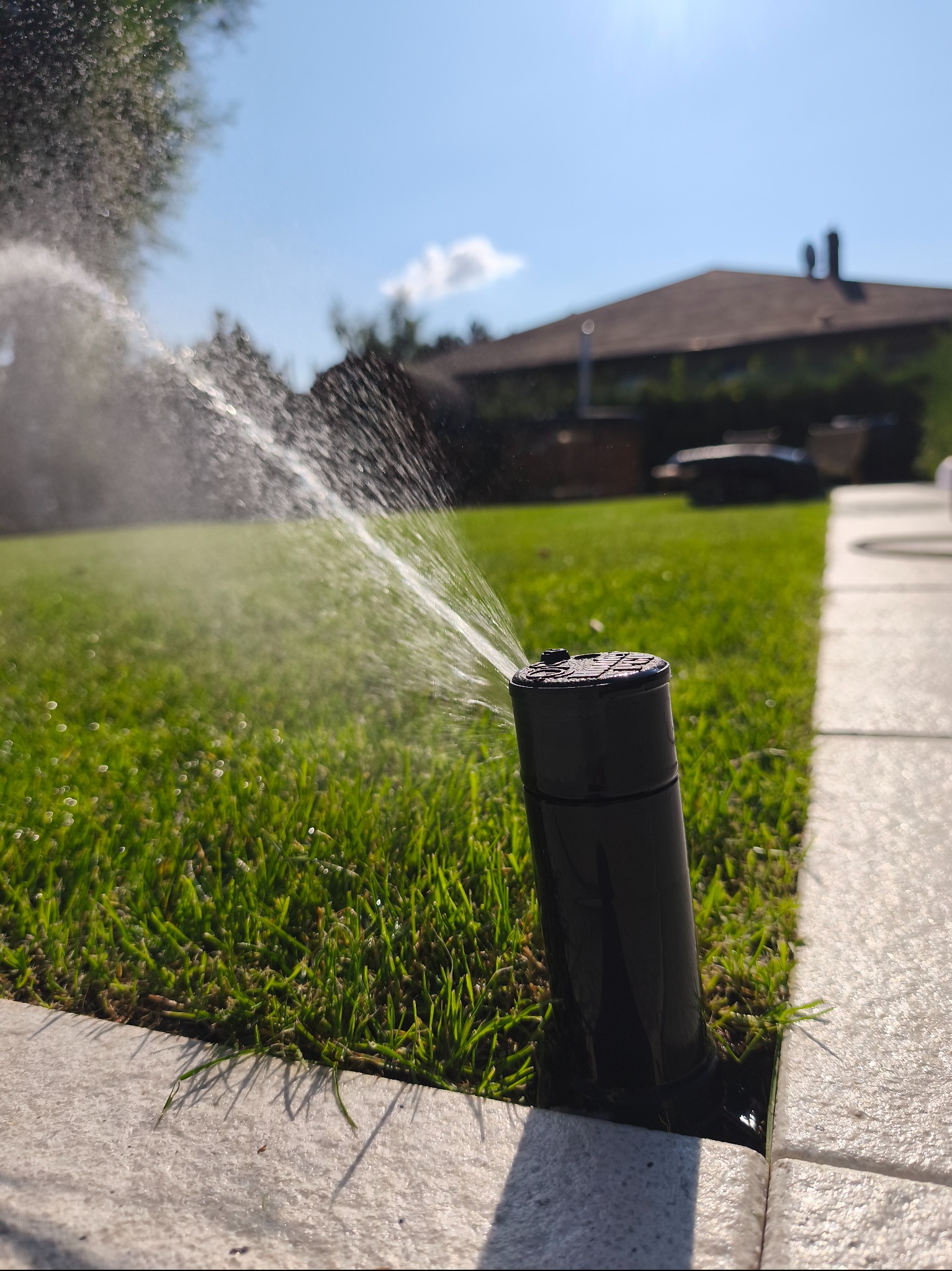 Automatyczny zraszacz trawnikowy w akcji, wyrzucający wodę na soczystą zieleń. W tle widoczny dom i błękitne niebo, podkreślające letni dzień.