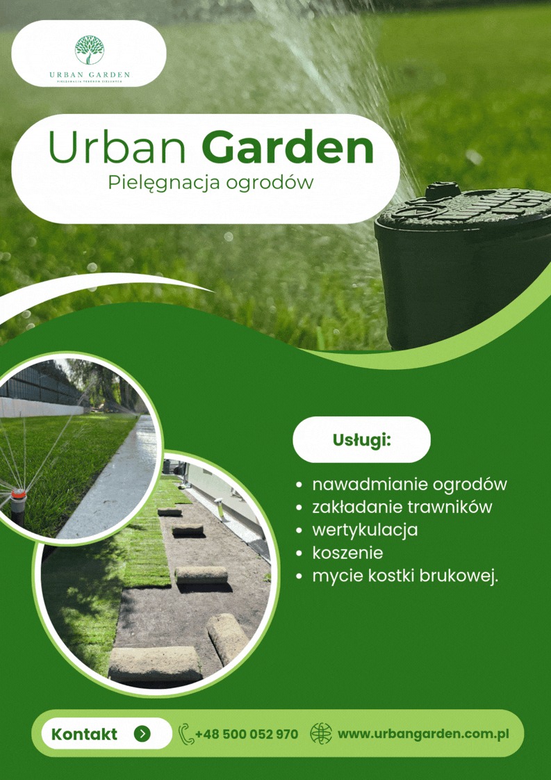 Grafika reklamowa Urban Garden: nawadnianie, zakładanie trawników, wertykulacja, koszenie, mycie kostki brukowej. Zraszacze, trawa z rolki, soczysta zieleń.