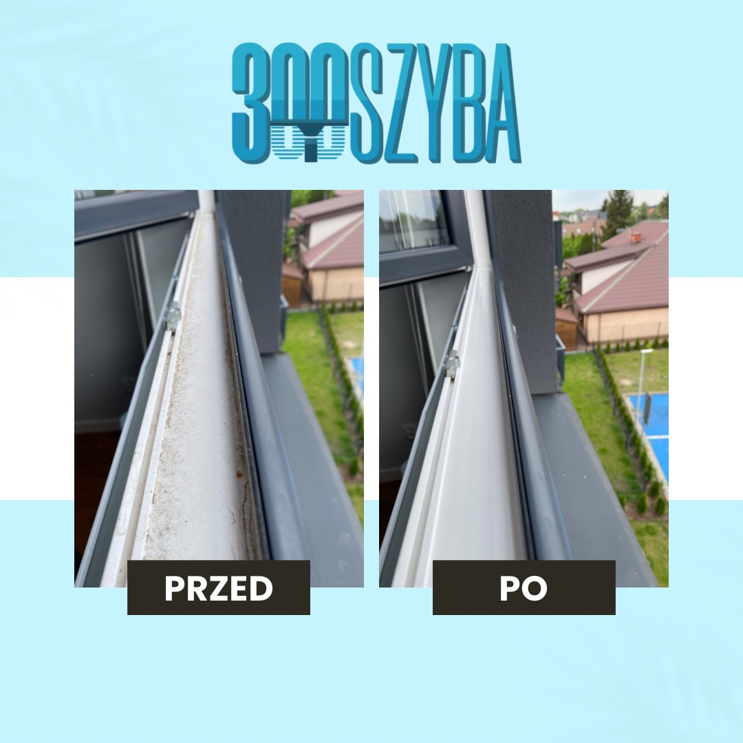 Porównanie stanu okna balkonowego przed i po czyszczeniu, widoczne zabrudzenia i efekt po umyciu. Ujęcie z bliska, z zewnątrz, z widokiem na zieleń.