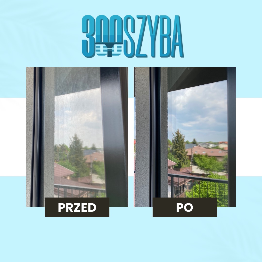 Okno balkonowe po czyszczeniu, widok z zewnątrz. Porównanie: brudna szyba 'PRZED' i lśniąca 'PO'. Widoczne budynki i drzewa.