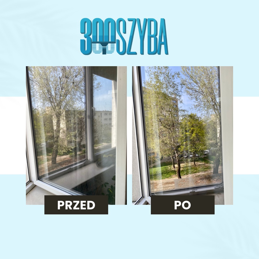 Okno przed i po umyciu, widok na drzewa i budynek. Po prawej szyba czysta, po lewej brudna. Na dole napisy 'PRZED' i 'PO'.