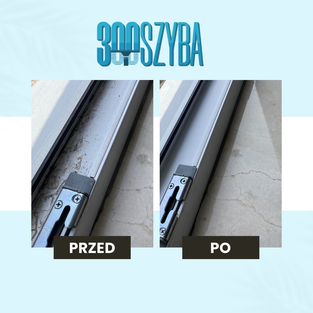 Porównanie stanu ramy okiennej przed i po czyszczeniu, ukazujące usunięcie zabrudzeń i przywrócenie czystości. Widoczne detale okucia.