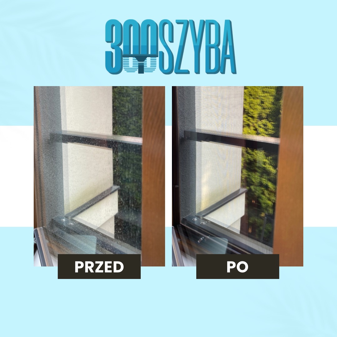 Okno balkonowe po umyciu, widok przed i po. Czysta szyba z widokiem na zieleń. Efekt mycia okien z zewnątrz, detale ramy okiennej.