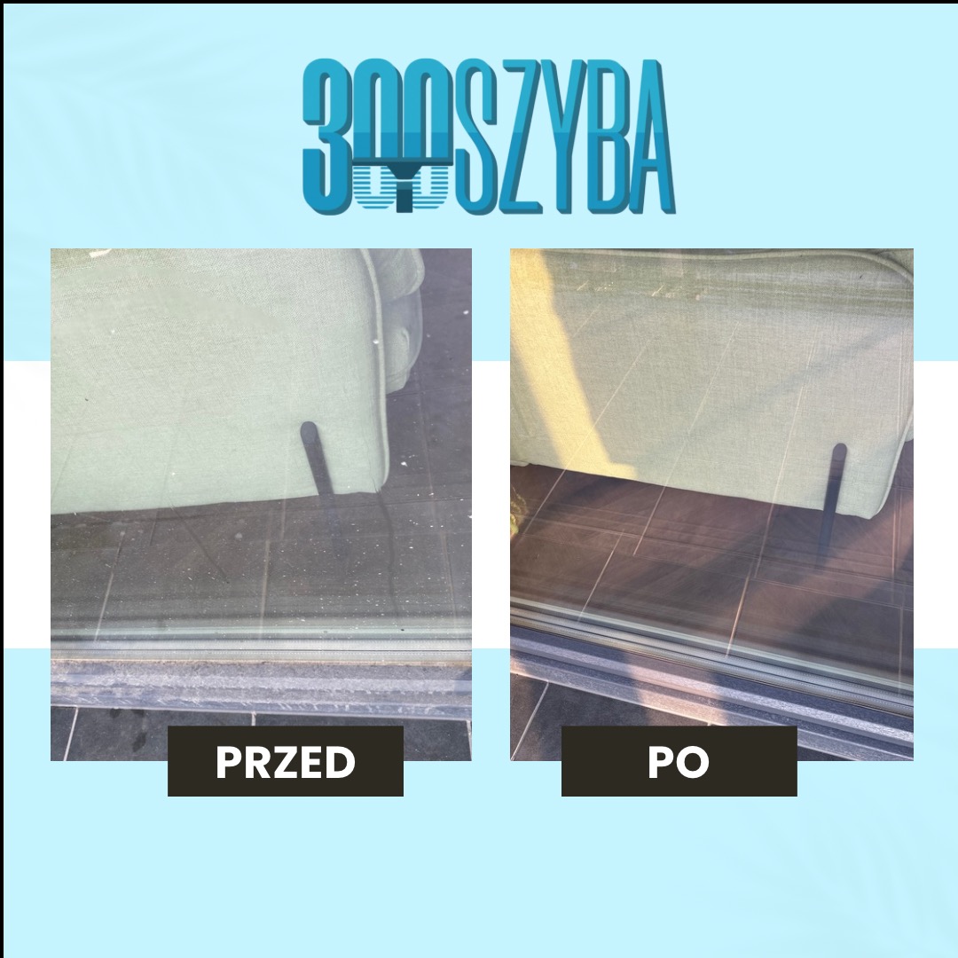 Okna przesuwne: widok przed i po czyszczeniu. Po lewej brudne okno, po prawej czyste, z widocznym odbiciem światła. U dołu napisy 'PRZED' i 'PO'.