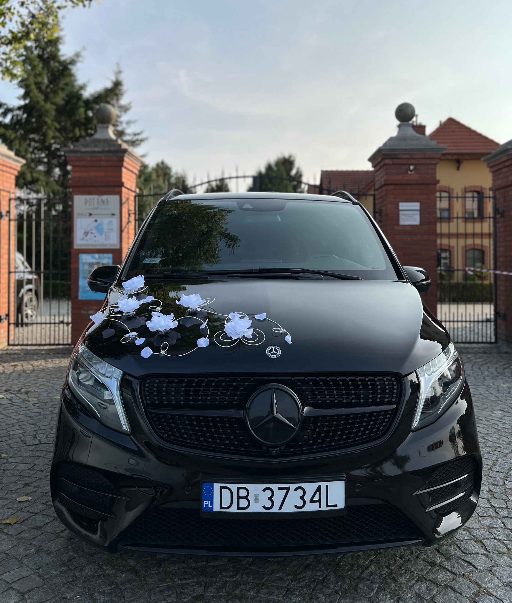 Czarny Mercedes V-klasy udekorowany białymi kwiatami na masce, zaparkowany przed ceglaną bramą z tabliczką informacyjną.