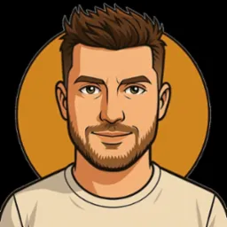 Ilustracja portretowa mężczyzny z brązowymi włosami i brodą na pomarańczowym tle. Mężczyzna ma zielone oczy i ubrany jest w kremową koszulkę.