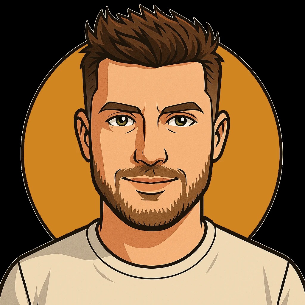 Ilustracja portretowa mężczyzny z brązowymi włosami i brodą na pomarańczowym tle. Mężczyzna ma zielone oczy i ubrany jest w kremową koszulkę.