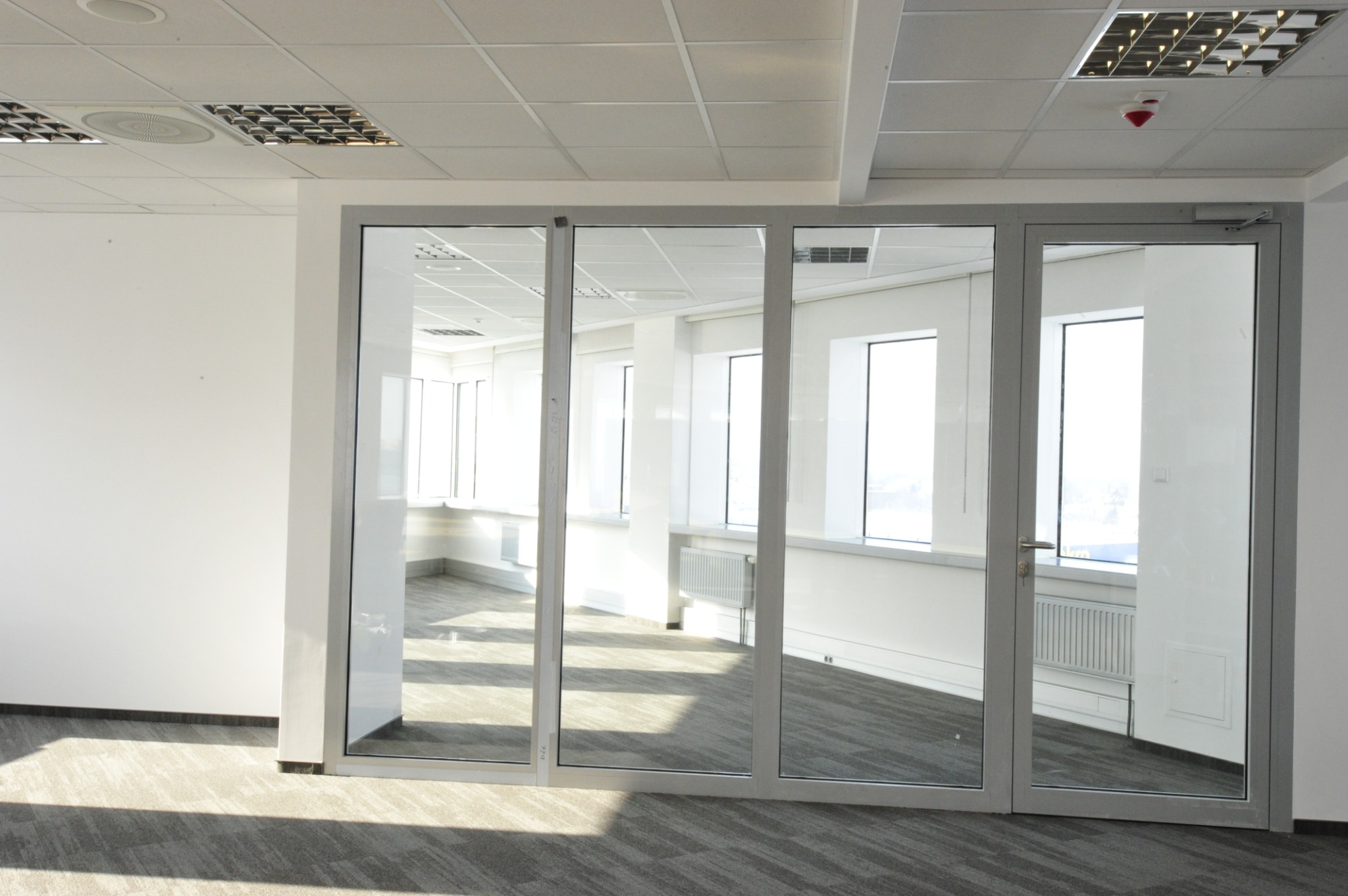 Przeszklona ściana działowa z drzwiami w biurze, widok na puste pomieszczenie z oknami, szara wykładzina dywanowa, sufit podwieszany z rastrowymi oprawami oświetleniowymi i czujnikiem dymu.