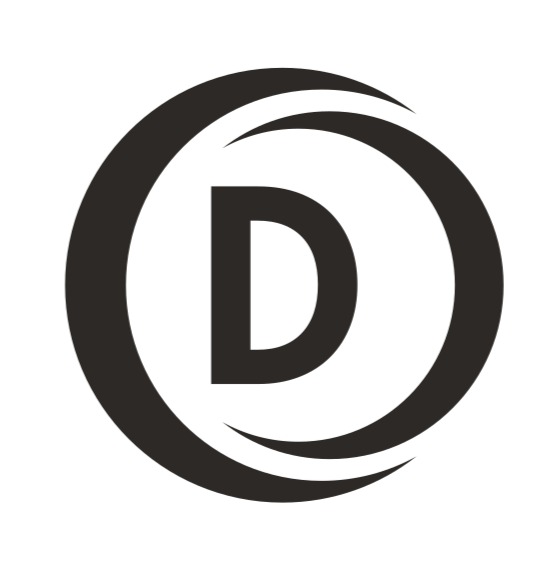 Czarno-białe logo z literą 'D' w okręgu z półkolistymi elementami, minimalistyczny design na białym tle.