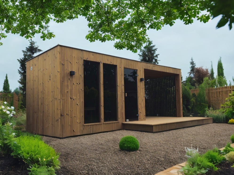 Nowoczesna drewniana konstrukcja z dużymi oknami i tarasem, otoczona zadbanym ogrodem z krzewami i drzewami.