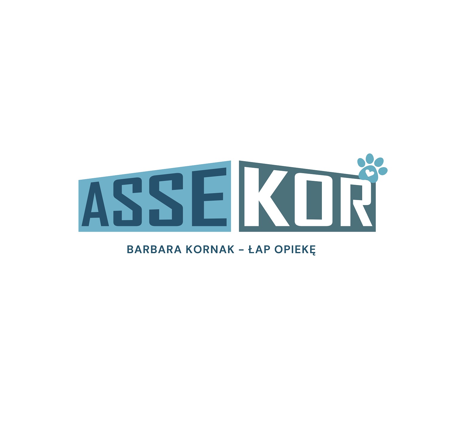 Logo firmy ASSEKOR Barbary Kornak - Łap Opiekę, z niebieskim napisem i symbolem łapy zwierzęcia, sugerujące usługi związane z opieką nad zwierzętami.