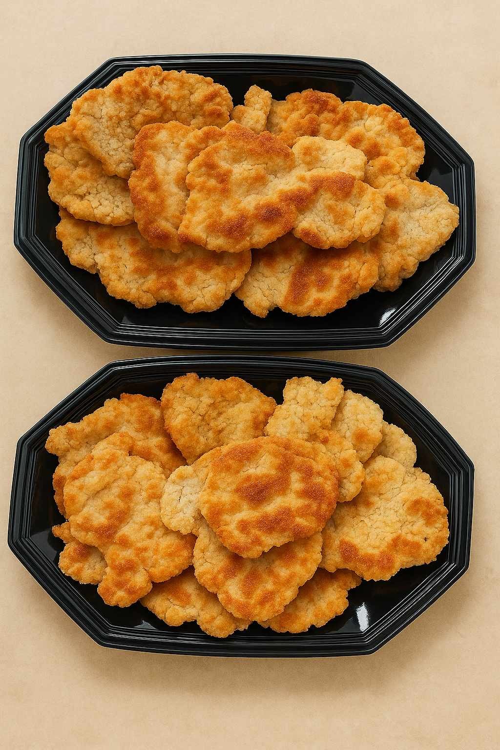 Dwa czarne, ośmiokątne półmiski wypełnione smażonymi kotletami schabowymi, ułożone jeden nad drugim na beżowym tle. Kotlety mają złocistą, chrupiącą panierkę.