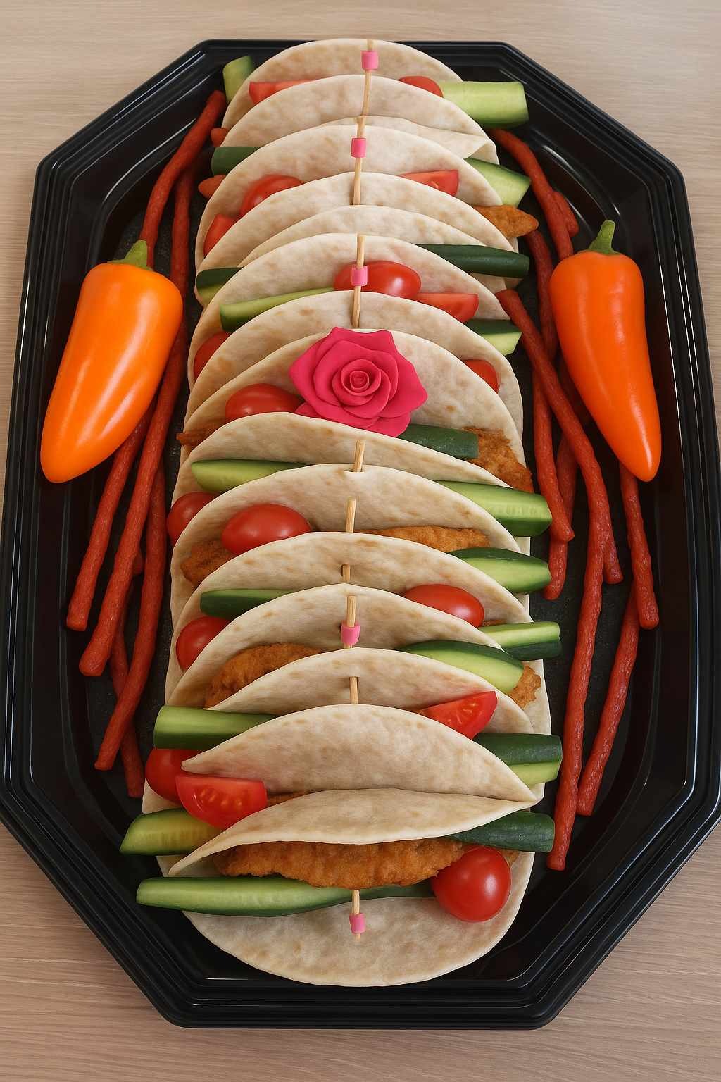 Czarny talerz z tortillami, ogórkiem, pomidorem i papryką, spiętymi wykałaczkami. Dekoracja z czerwonej róży i papryki tworzy unikalną kompozycję.